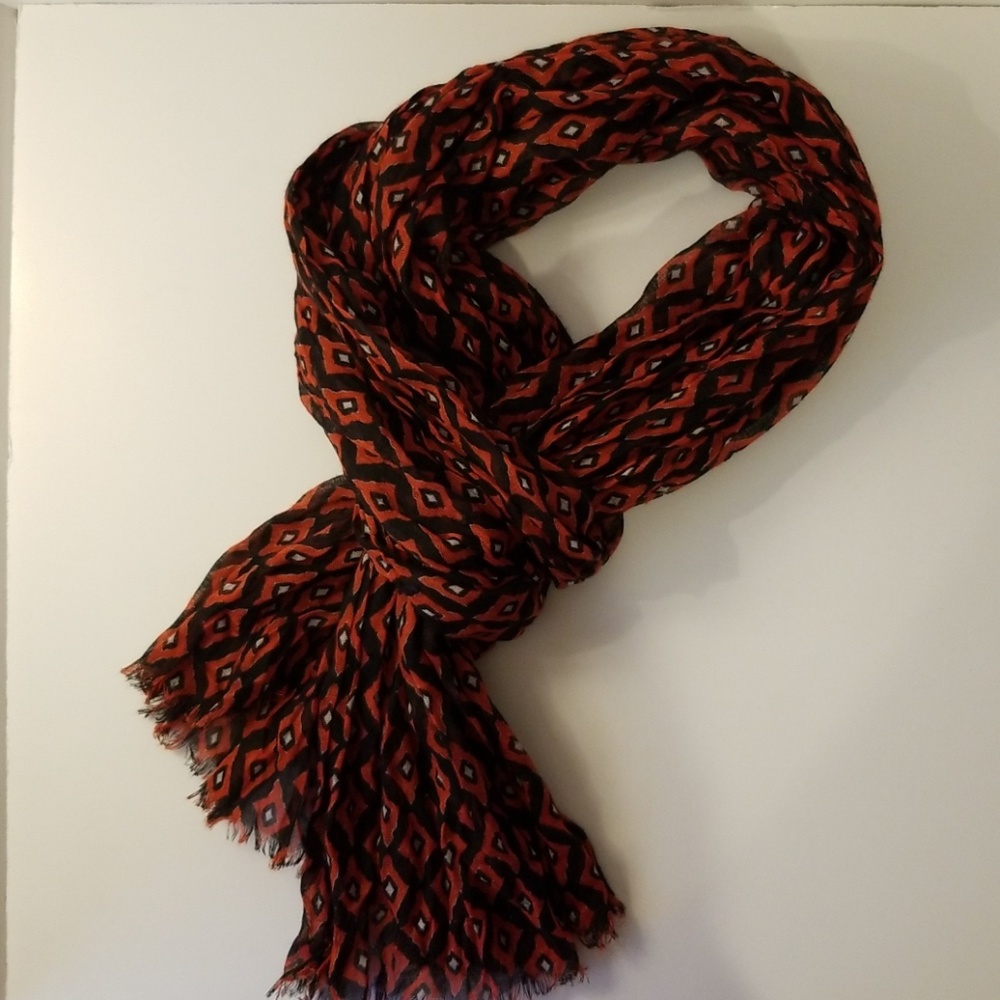 Red, navy, and grey diamond print scarf